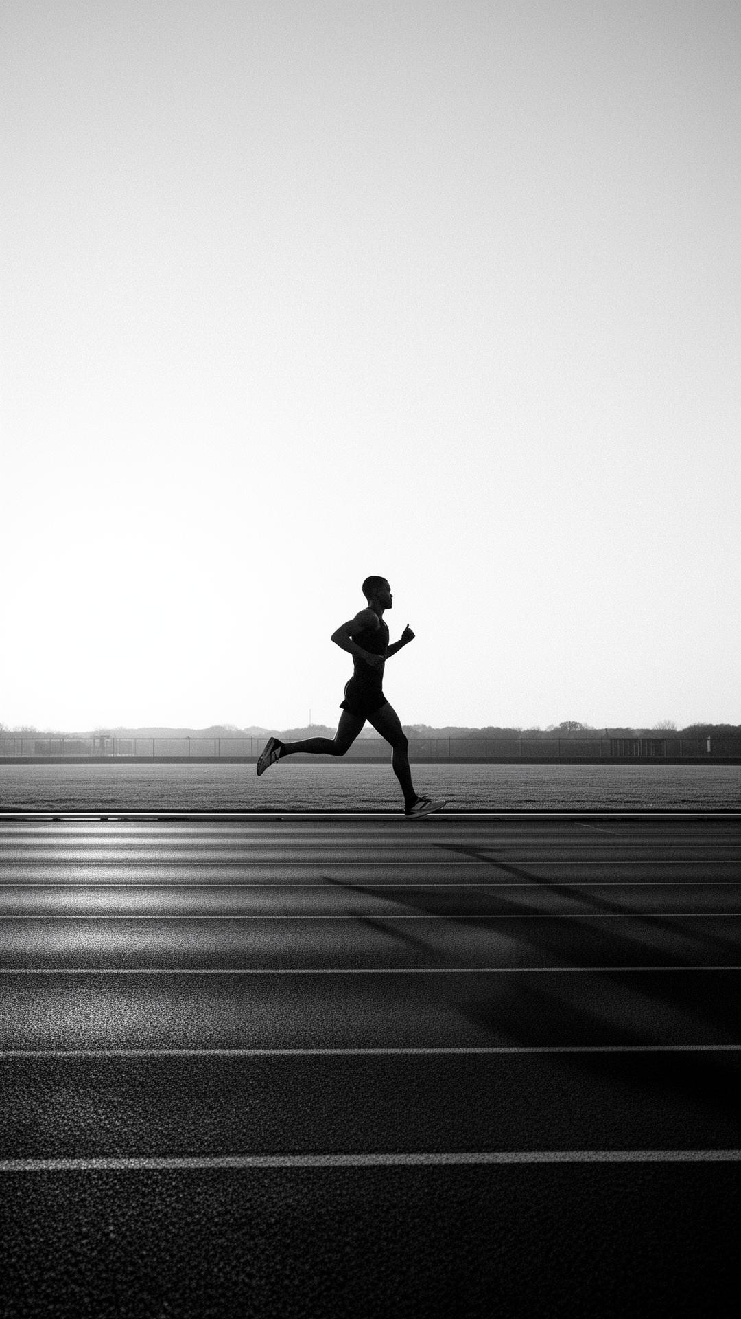 A lone runner mid-stride on an empty track at sunrise.