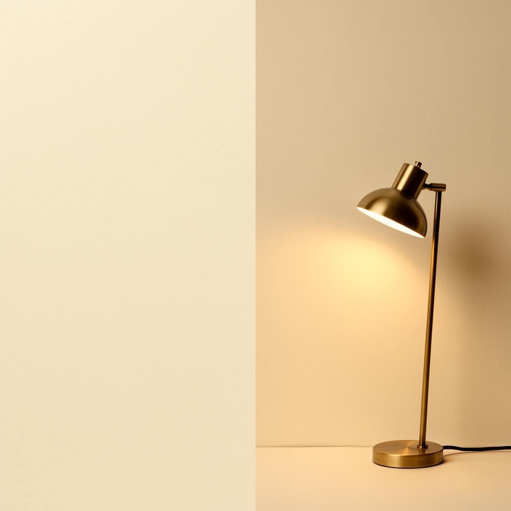 A brass desk lamp casting warm light on a cream wall — the moment something quietly comes on.